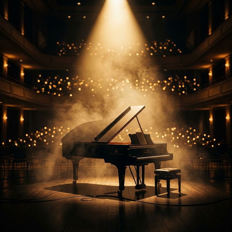 Profesyonel müzik akademisi — sahne aydınlatması altında kuyruklu piyano